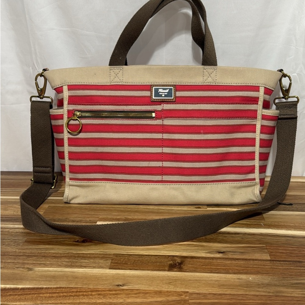 Fossil Red and Tan Striped Tote Bag